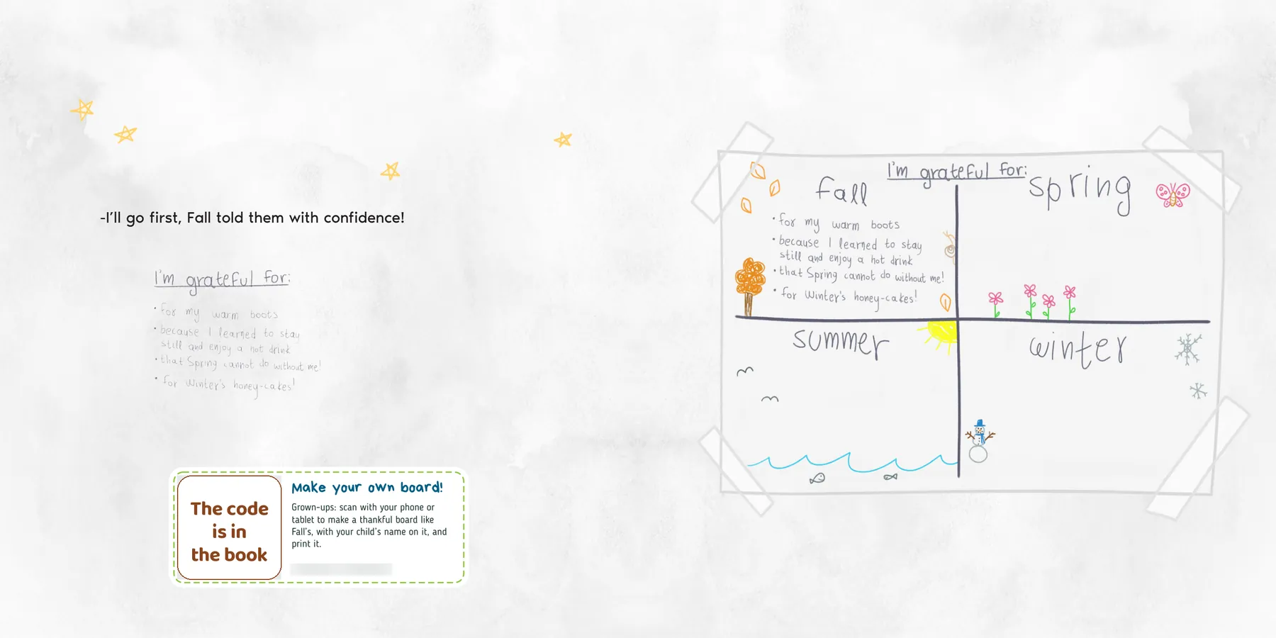 Inside Finding Gratitude: Fall's four boxes, I'm grateful for, one for each season, with the code of the thankful board covered here