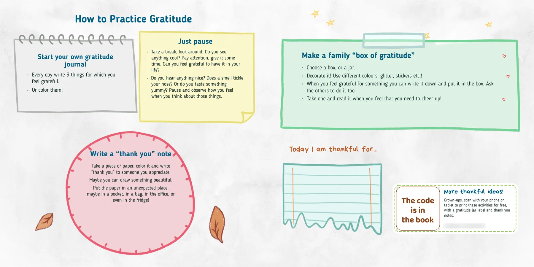 Inside Finding Gratitude: How to Practice Gratitude, a gratitude journal, just pause, a thank you note and a family box of gratitude