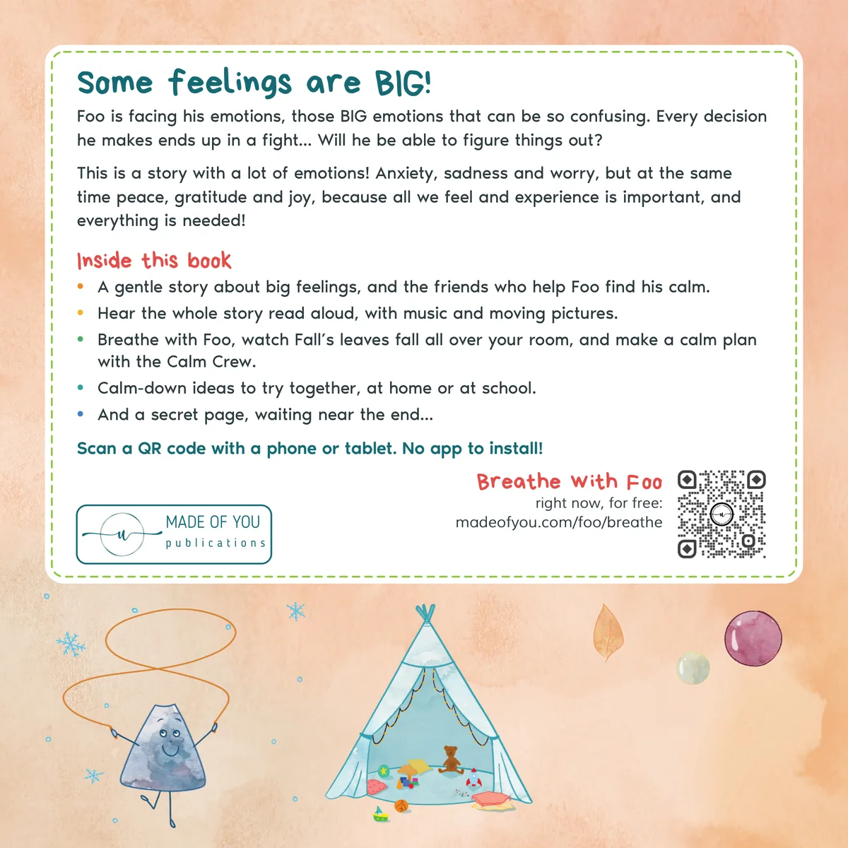 Foo's Big Emotions back cover: what is inside the book, Blue jumping rope and Foo's tent