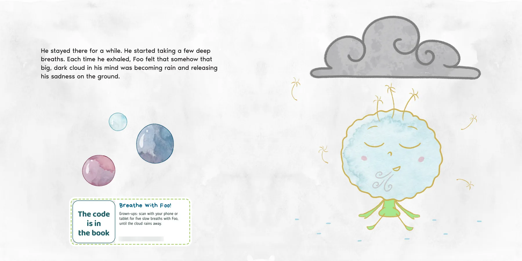 Inside Foo's Big Emotions: Foo breathes slowly with his eyes closed, and the dark cloud over him turns to rain