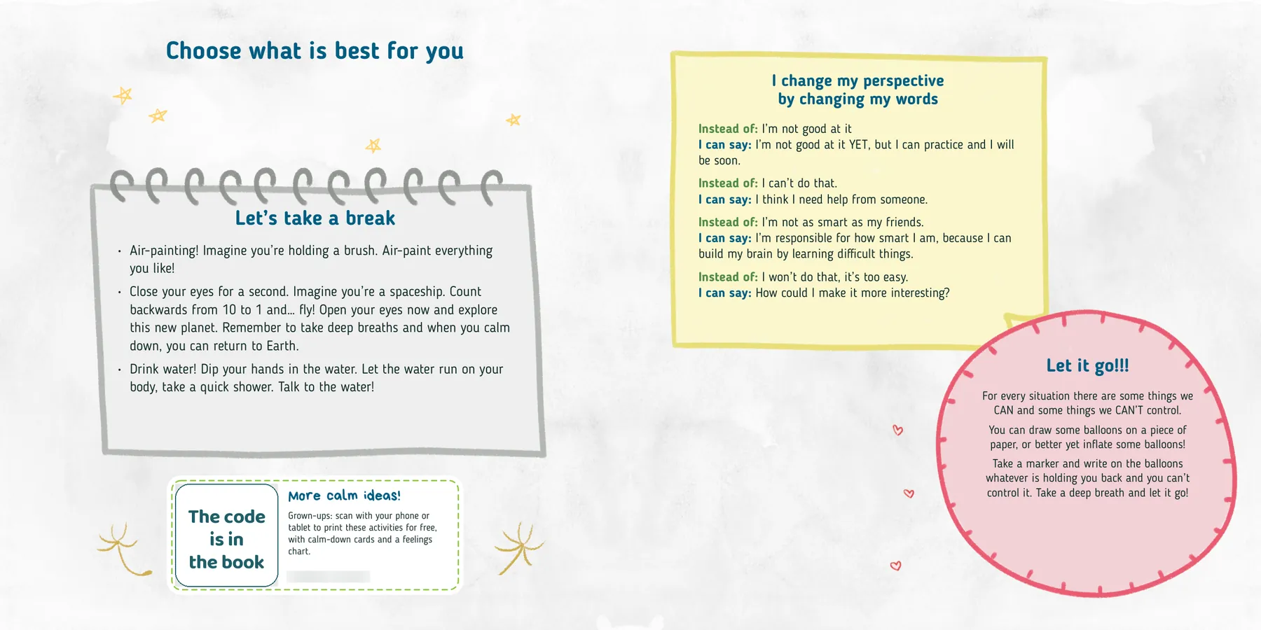Inside Foo's Big Emotions: the activities, Let's take a break, I change my perspective by changing my words, and Let it go