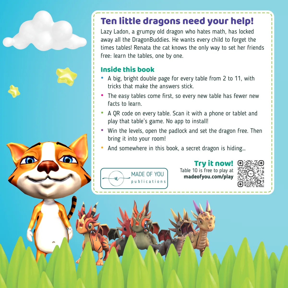 Times Tables and DragonBuddies back cover: Renata the cat and the dragons