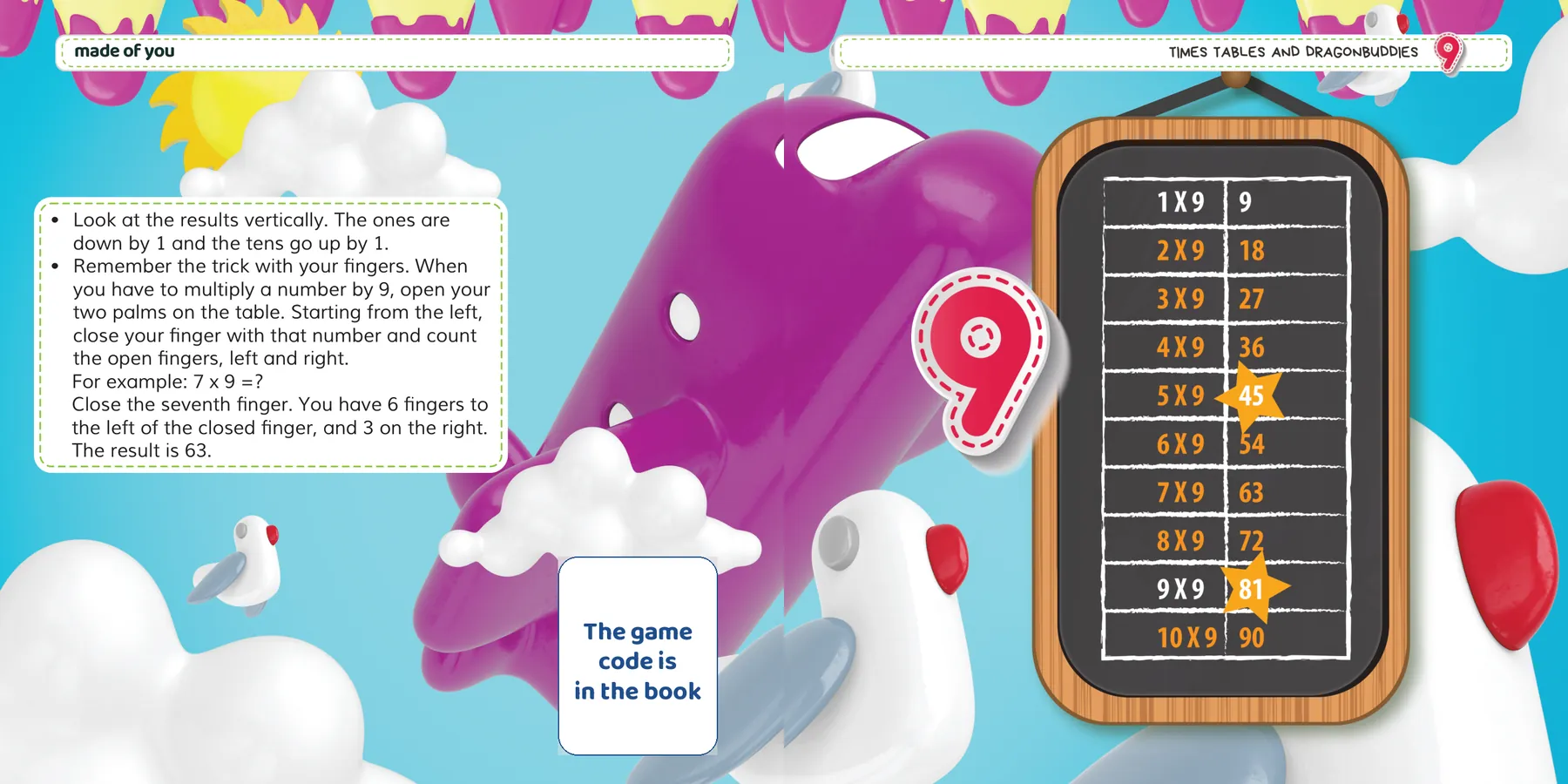 Inside Times Tables and DragonBuddies: The 9 times table, with the finger trick.