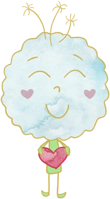 Foo from Foo's Big Emotions, smiling with his eyes closed and holding a big red heart.