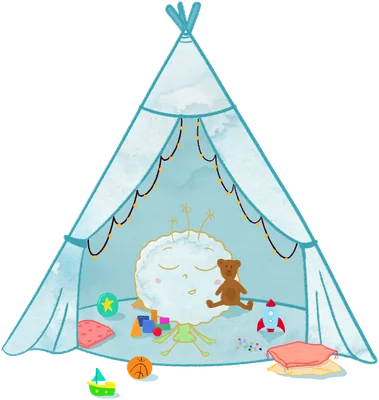 Foo sitting cozy in his tent with his eyes closed, among his pillows and toys.