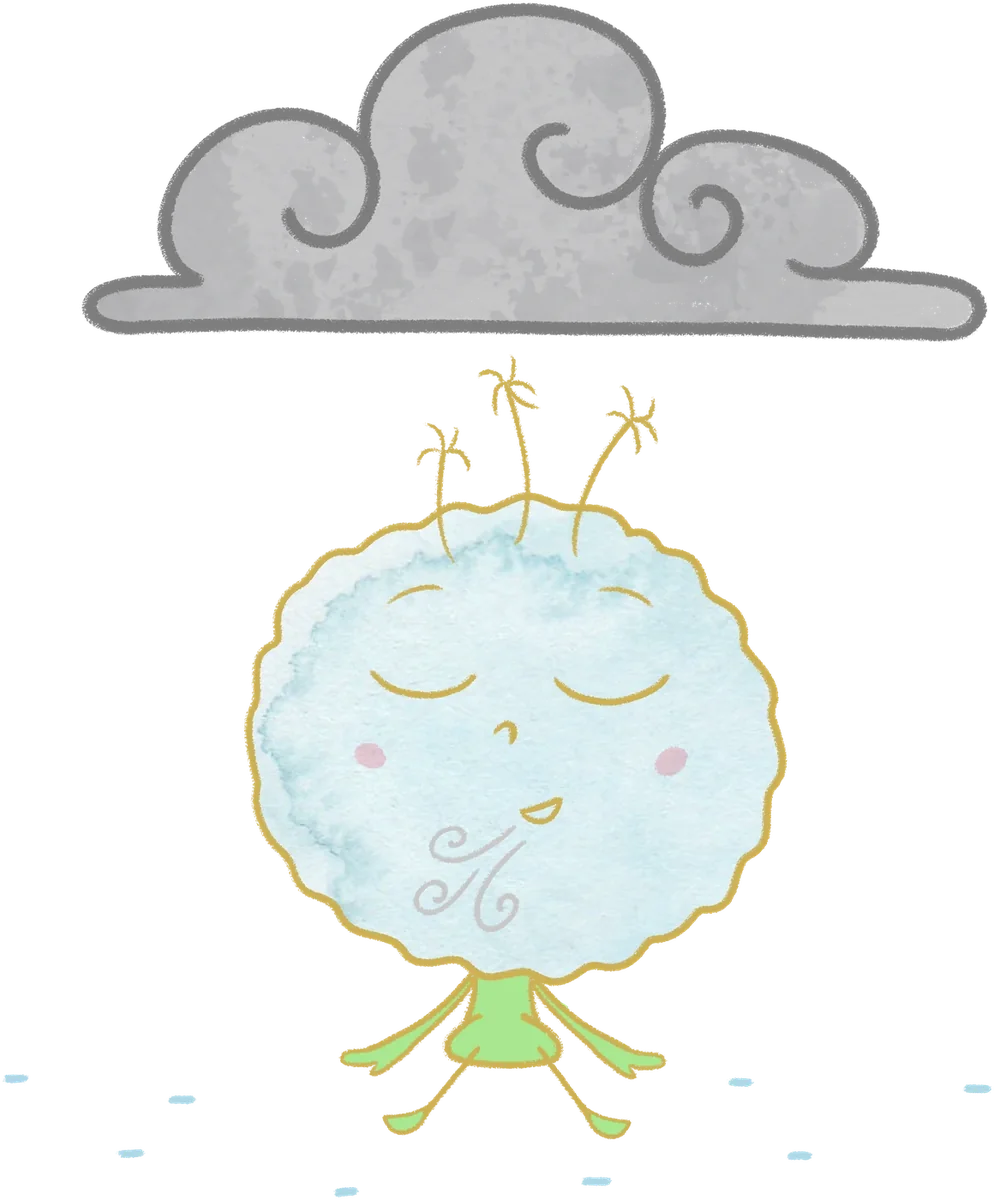 Foo, the fluffy blue character from Foo's Big Emotions, breathing slowly with his eyes closed under a big dark cloud, while the rain falls on the ground.