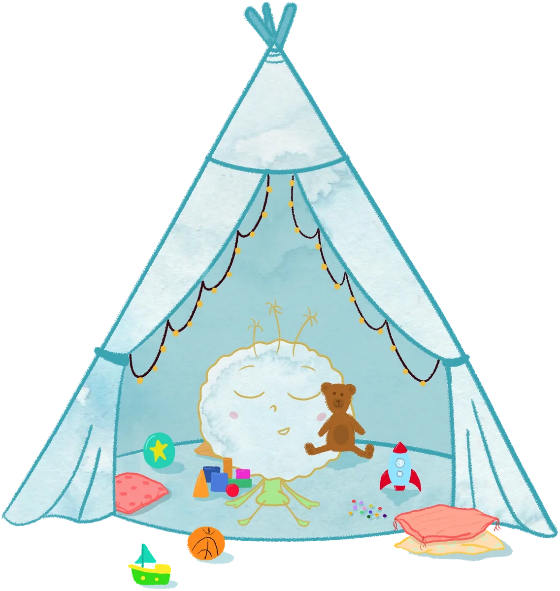 Foo, the fluffy blue character from Foo's Big Emotions, sitting with his eyes closed in his tent, among his pillows and toys.