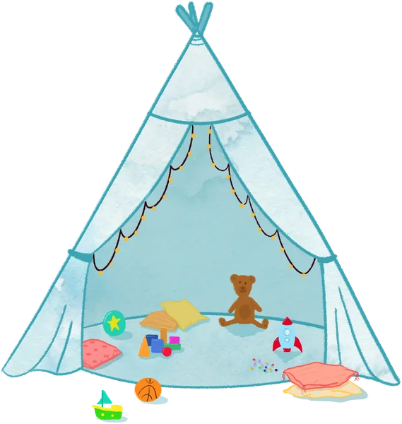 Foo's light blue tent from Foo's Big Emotions, full of pillows and toys.