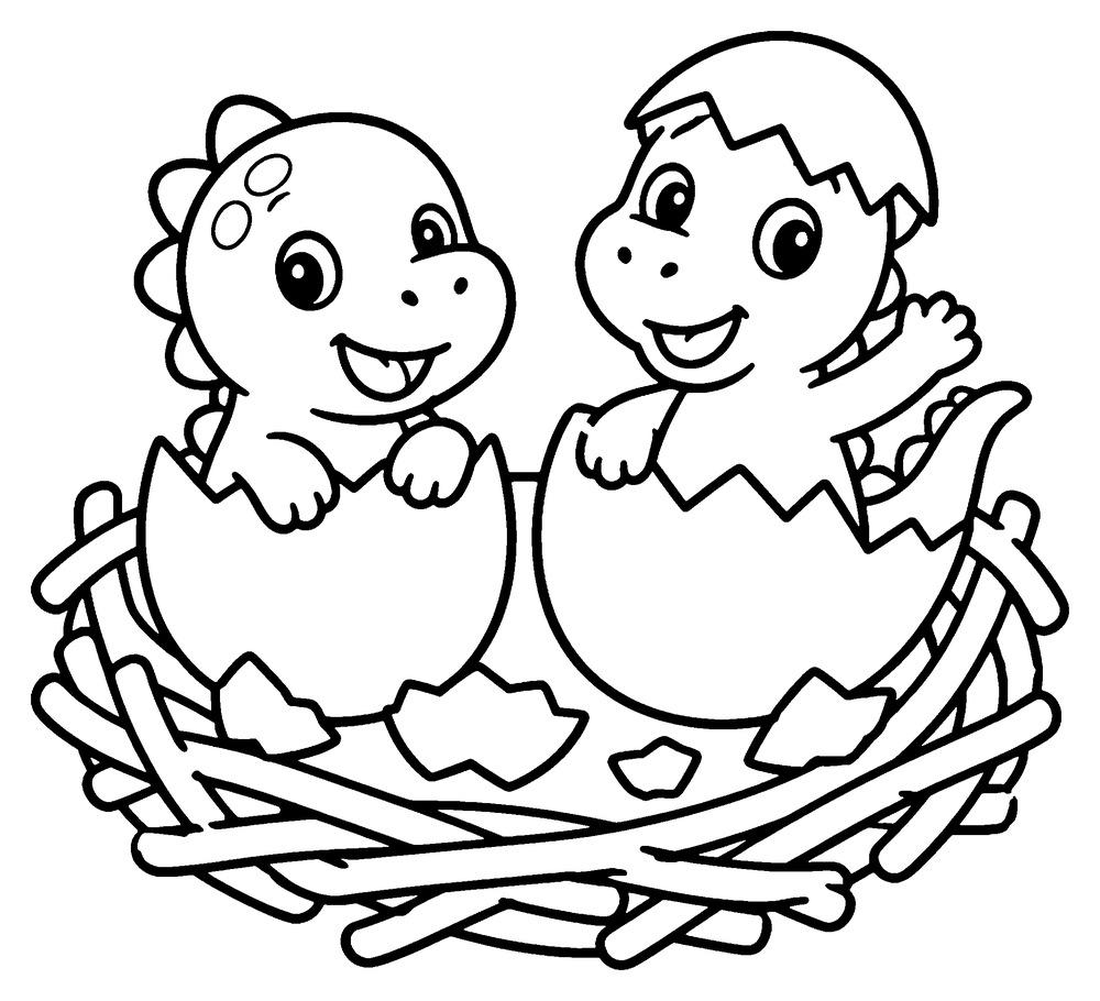 Dinosaur coloring page: two baby dinosaurs hatching from eggs in a nest of sticks.
