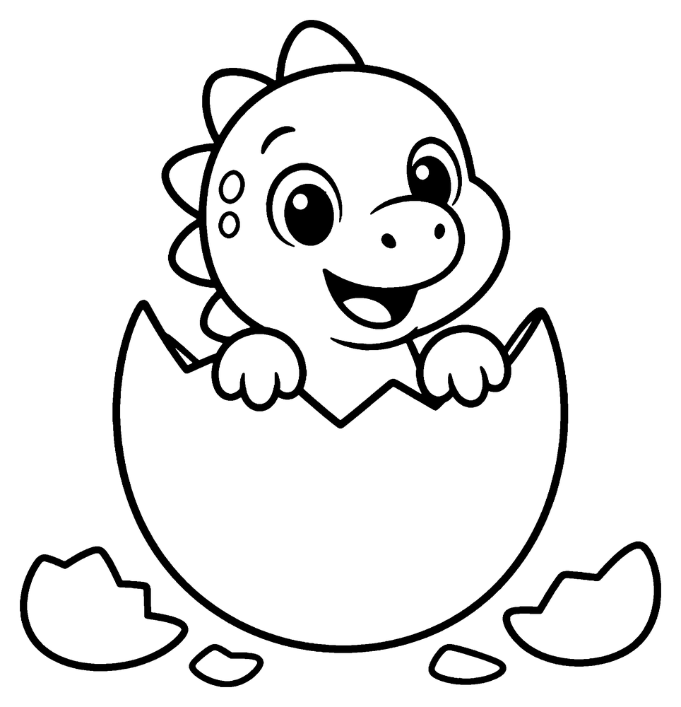Dinosaur coloring page: a smiling baby dinosaur hatching from a big cracked egg.