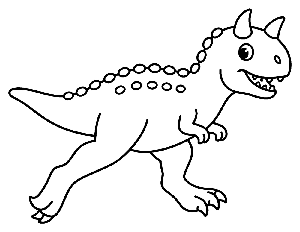 Dinosaur coloring page: a Carnotaurus running, with two thick horns and bumps along its back.