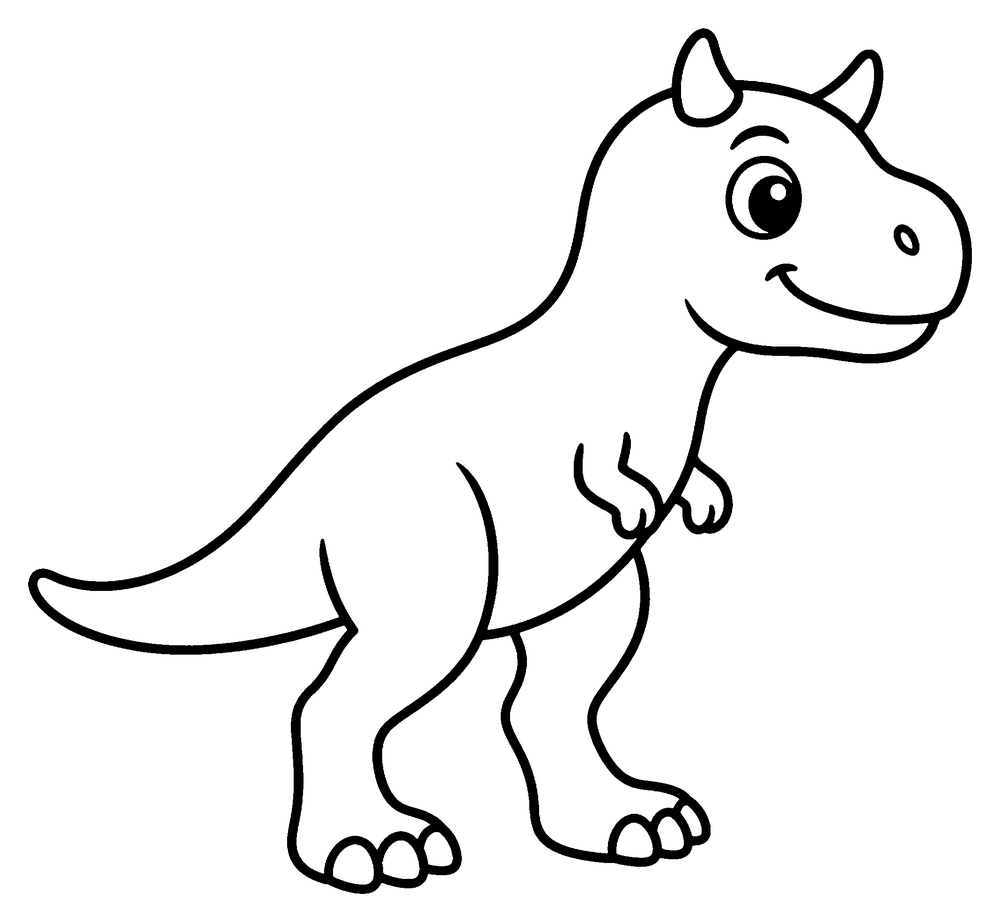 Dinosaur coloring page: a Carnotaurus with two short horns above its eyes and very tiny arms.
