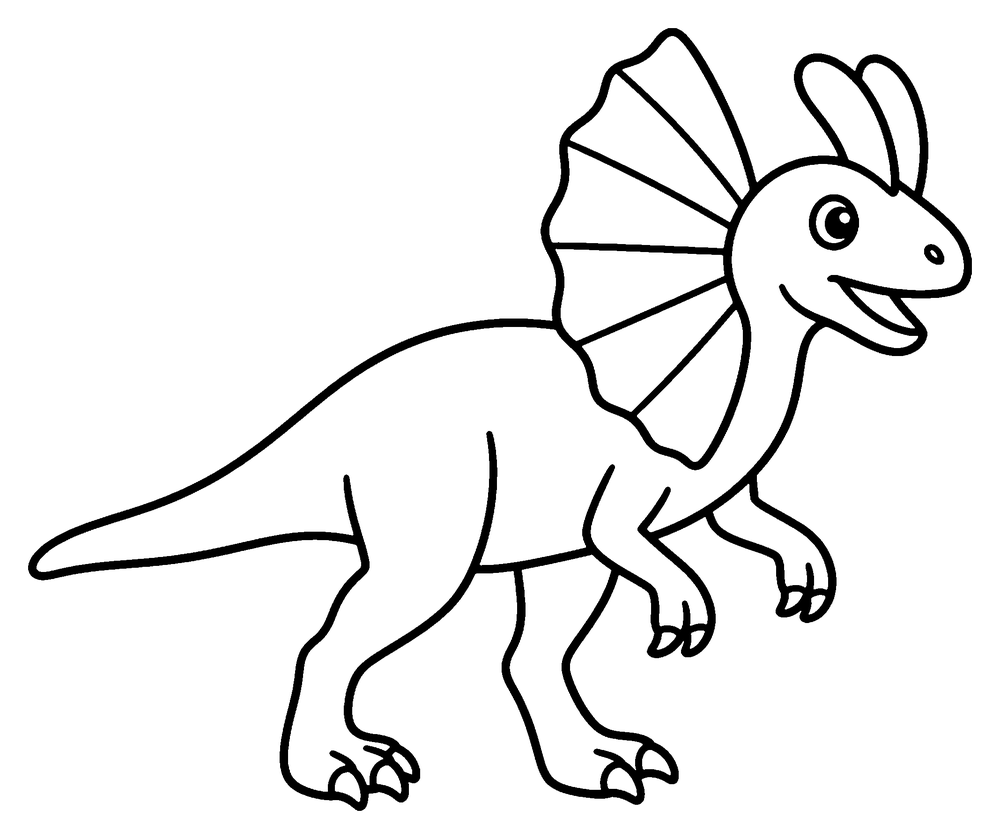 Dinosaur coloring page: a Dilophosaurus walking, with two crests on its head and a frill.