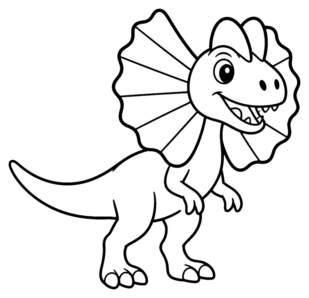 Dinosaur coloring page: a Dilophosaurus with two crests on its head and its neck frill open.