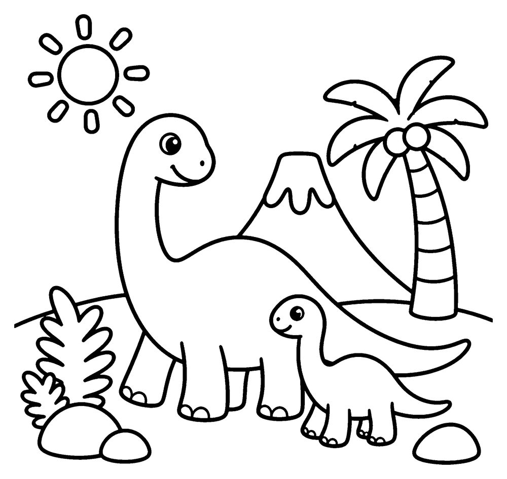 Dinosaur coloring page: a long-necked mother dinosaur and her baby near a volcano, a palm tree and the sun.