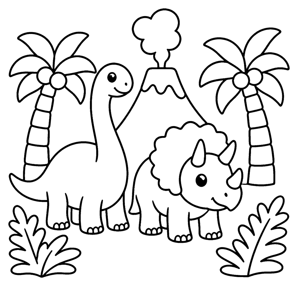 Dinosaur coloring page: a long-necked dinosaur and a Triceratops with a volcano, palm trees and ferns.