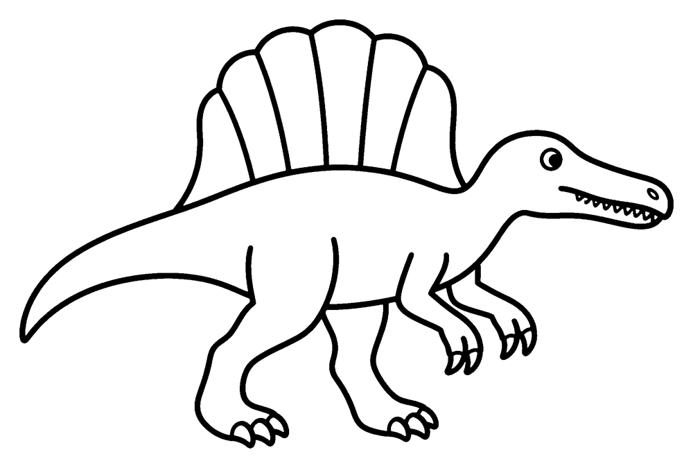 Dinosaur coloring page: a Spinosaurus walking, with a tall sail and a long narrow snout.
