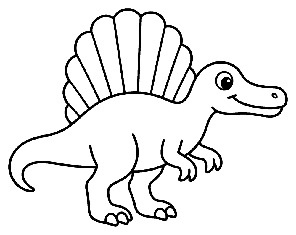 Dinosaur coloring page: a Spinosaurus with a tall sail on its back and a long snout.