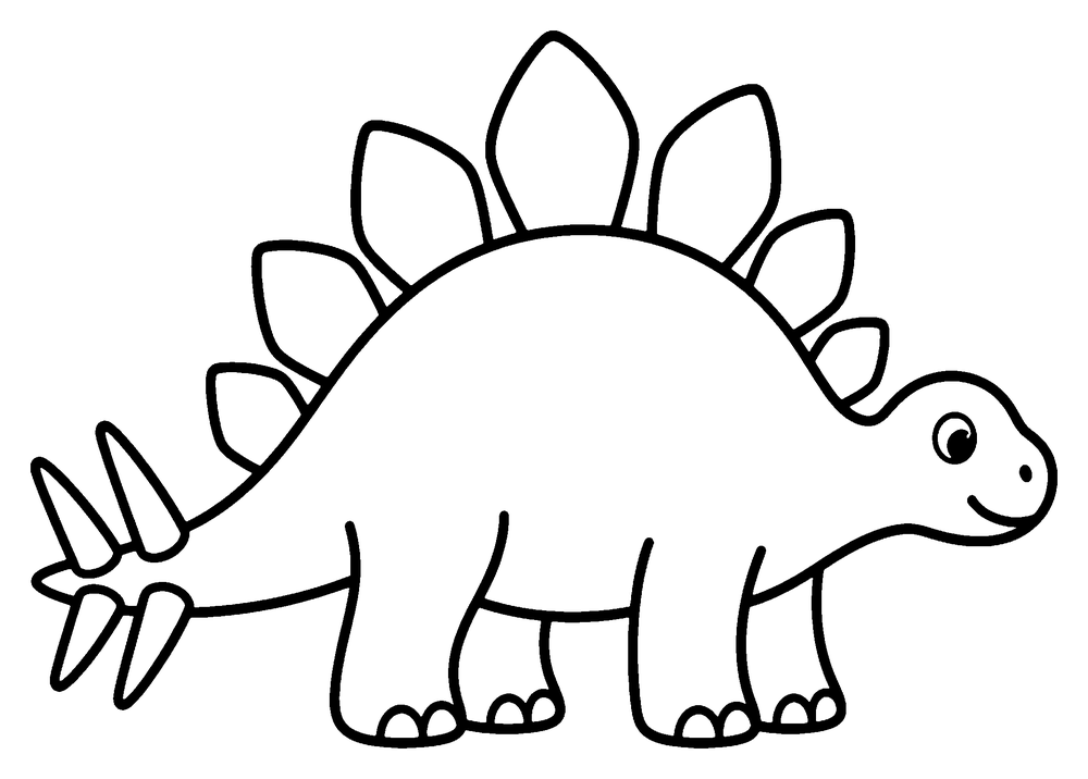 Dinosaur coloring page: a Stegosaurus with two rows of plates on its back and four spikes on its tail.