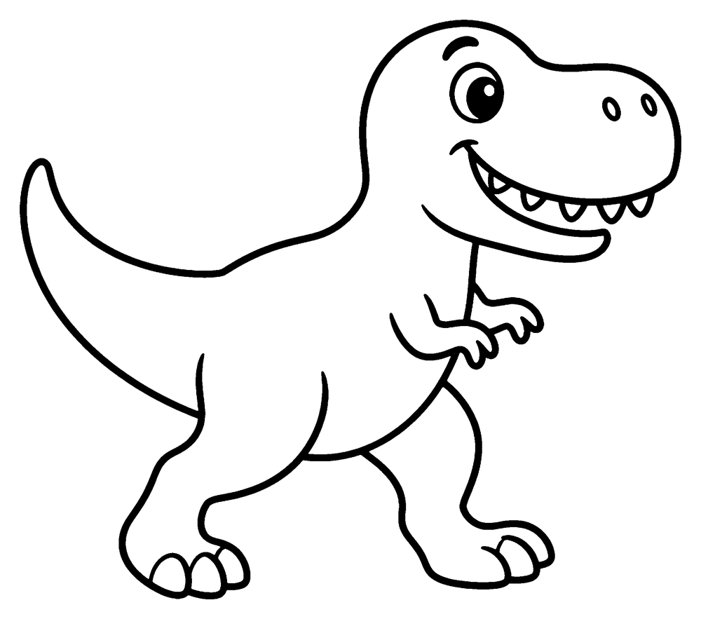 Dinosaur coloring page: a friendly T. rex walking, with a big smile and two fingers on each tiny arm.