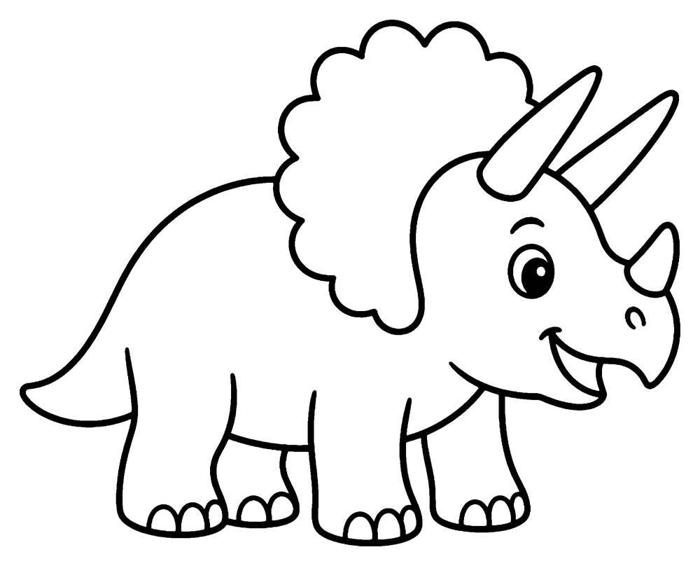 Dinosaur coloring page: a smiling Triceratops with a big frill, three horns and a beak.