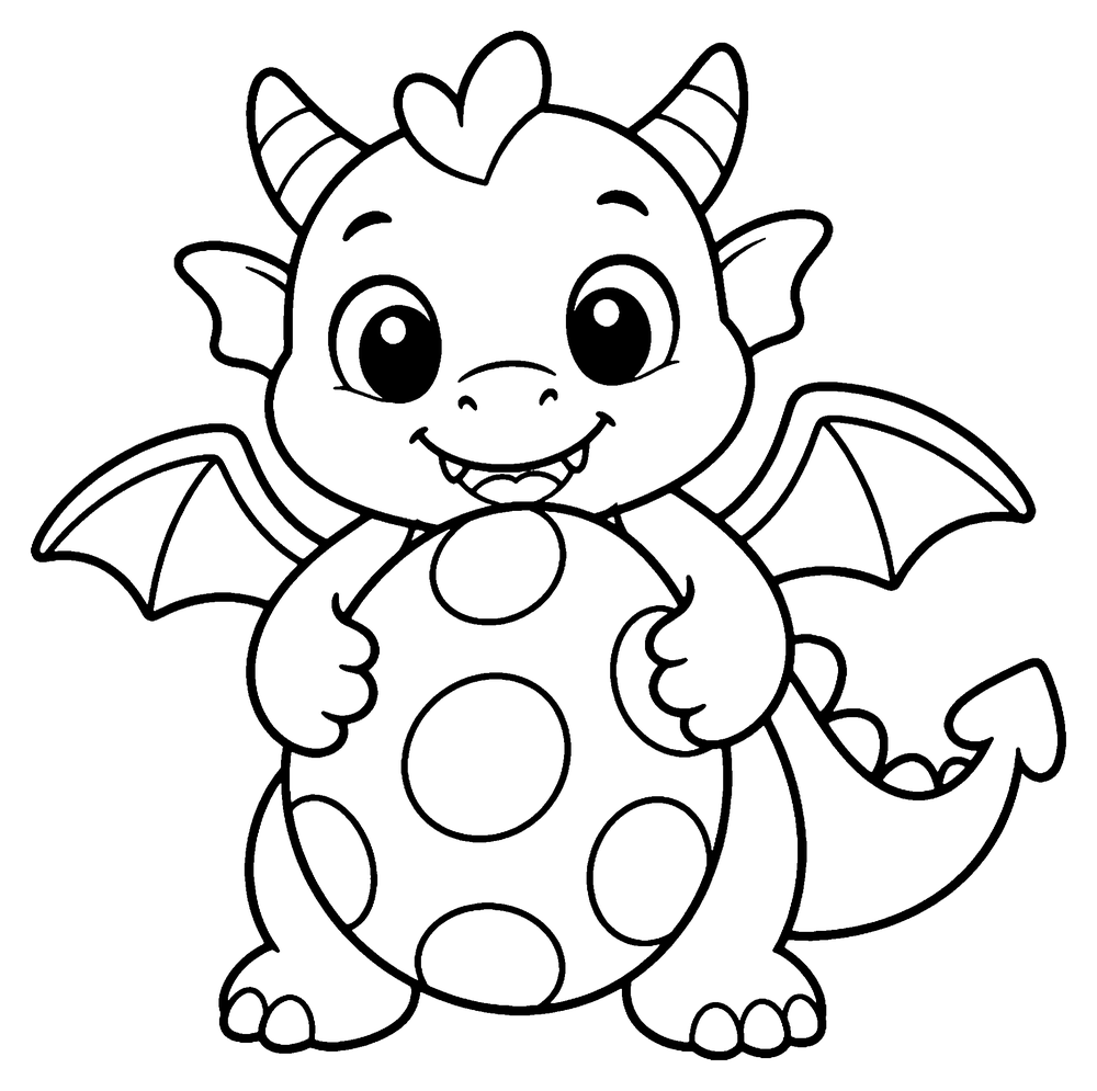 Dragon coloring page: a cute baby dragon hugging a big spotted egg.
