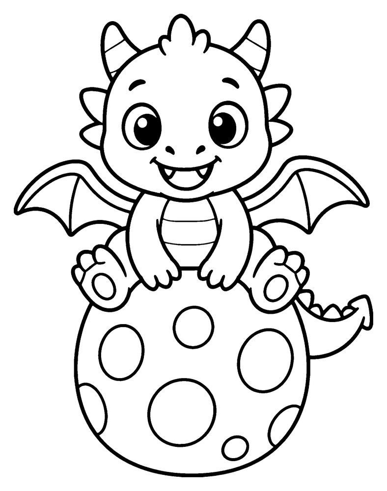 Dragon coloring page: a cute baby dragon sitting on top of a big spotted egg.
