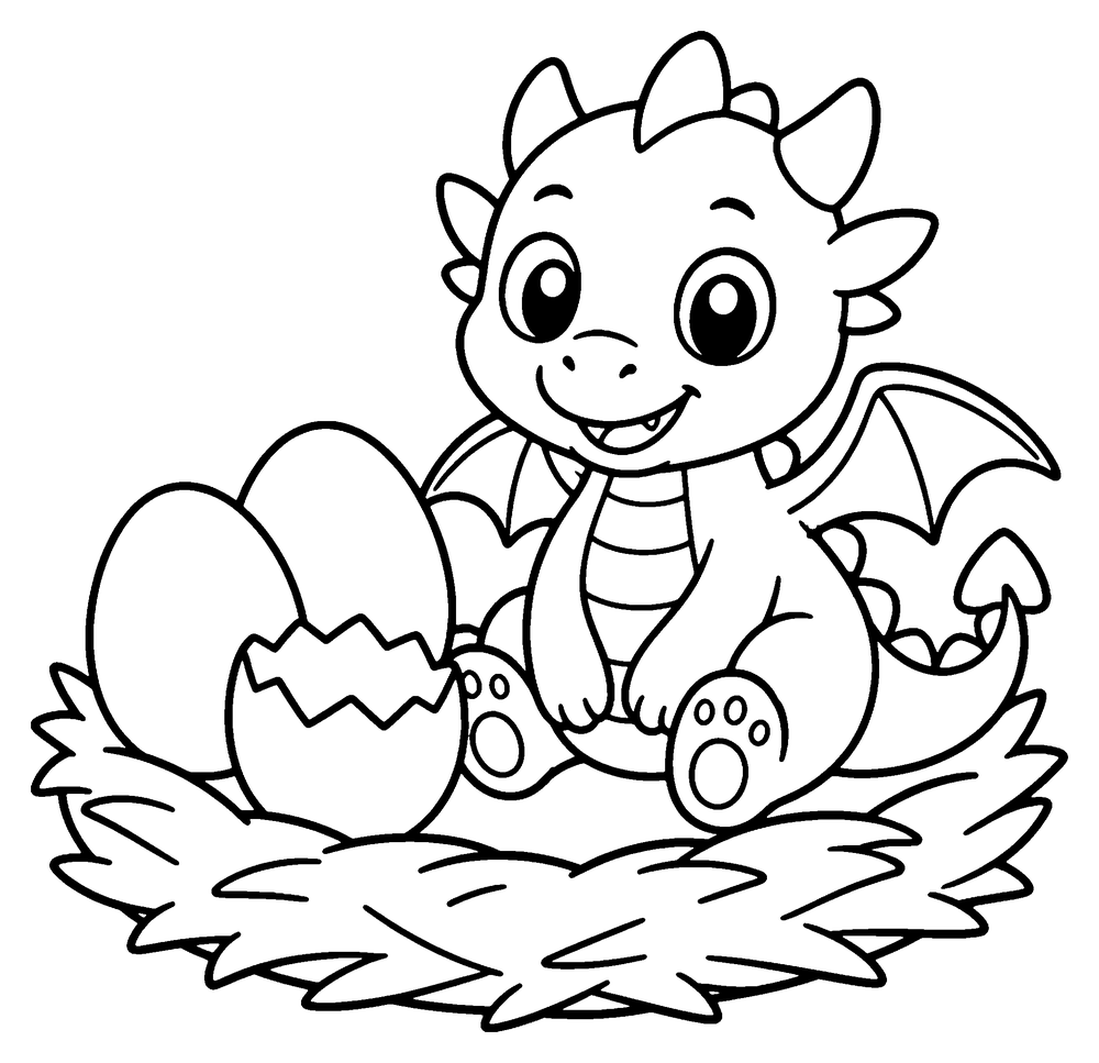 Dragon coloring page: a baby dragon sitting in a nest next to two whole eggs and a cracked egg.