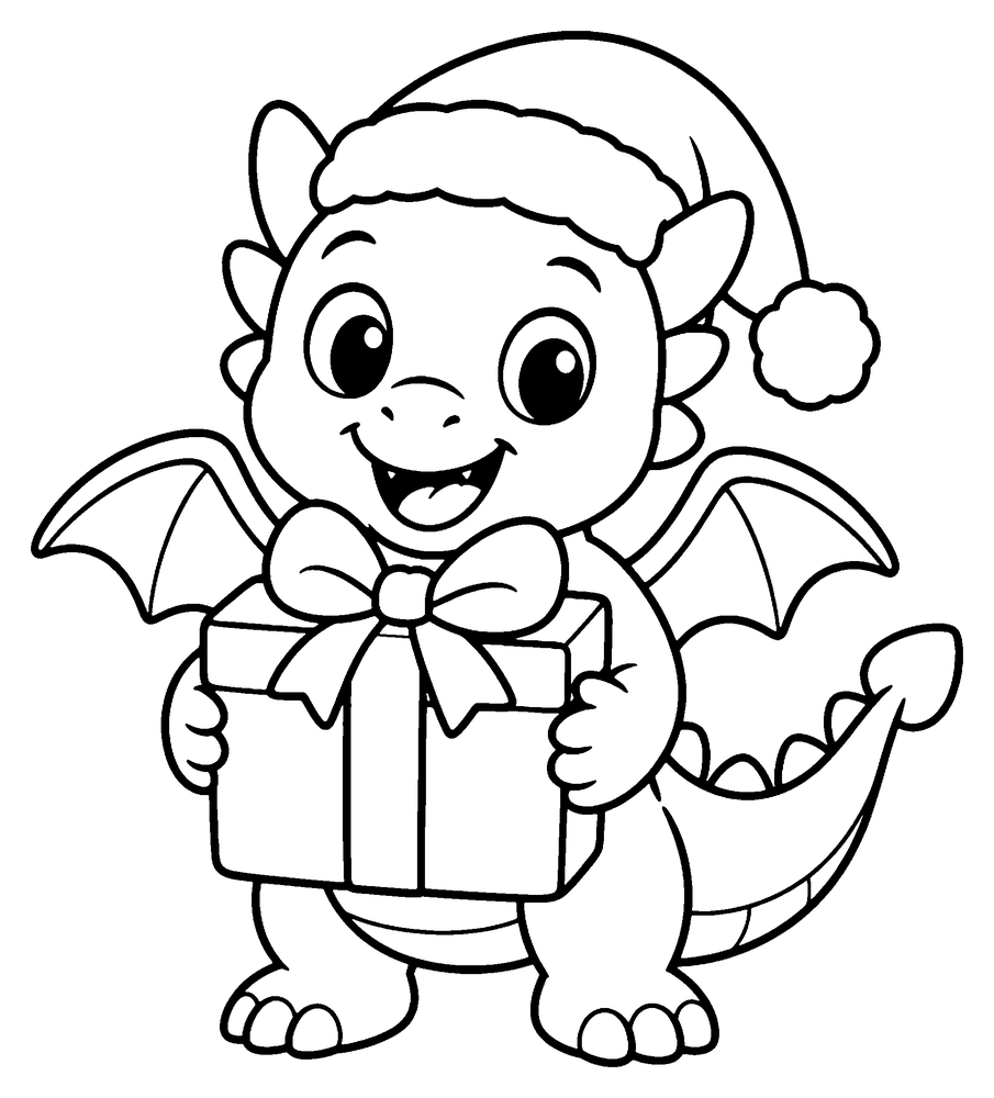 Dragon coloring page: a cute baby dragon in a Santa hat holding a big wrapped present with a bow.