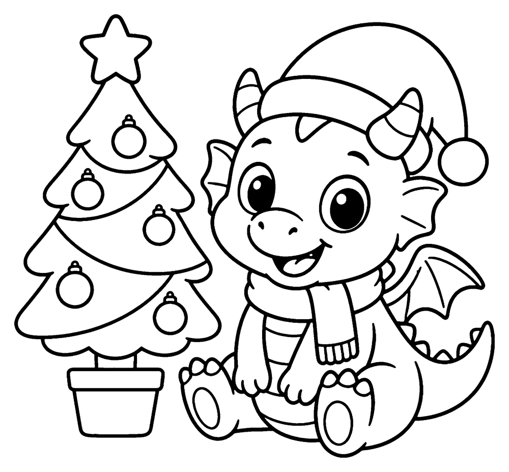 Dragon coloring page: a cute baby dragon in a Santa hat and scarf sitting next to a decorated Christmas tree.