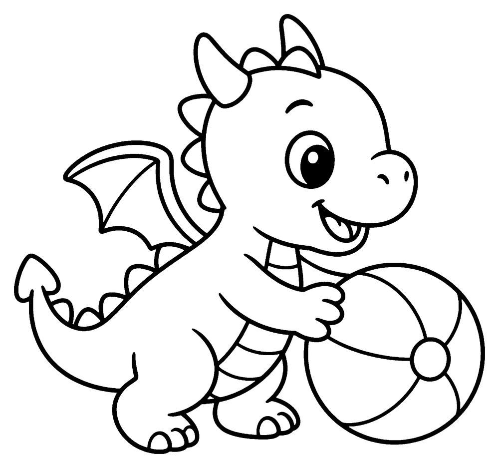 Dragon coloring page: a cute baby dragon playing with a striped ball.
