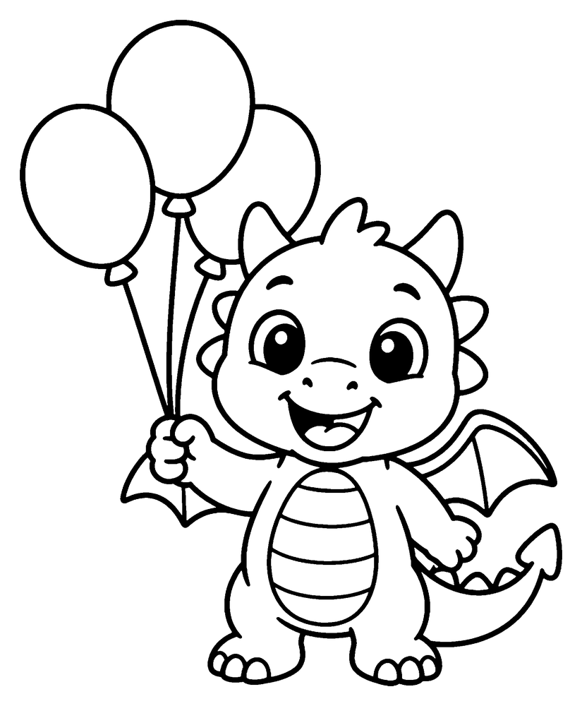 Dragon coloring page: a cute baby dragon holding three balloons.