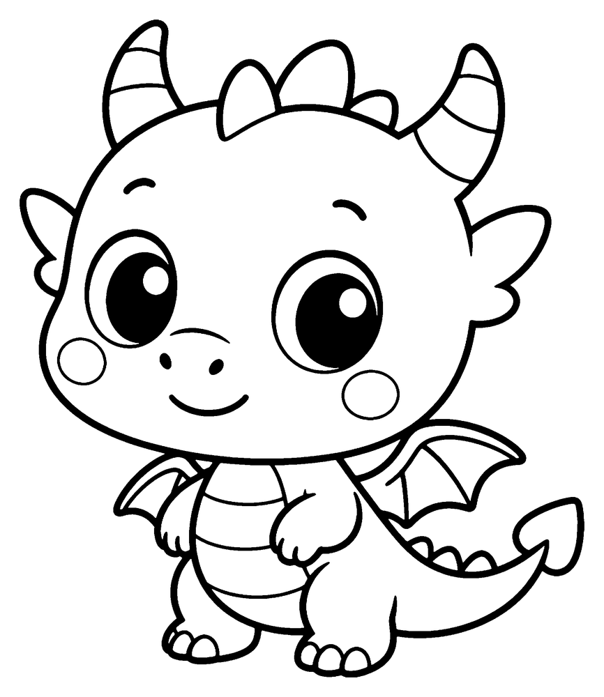 Dragon coloring page: a cute baby dragon with a very big head and rosy cheeks.