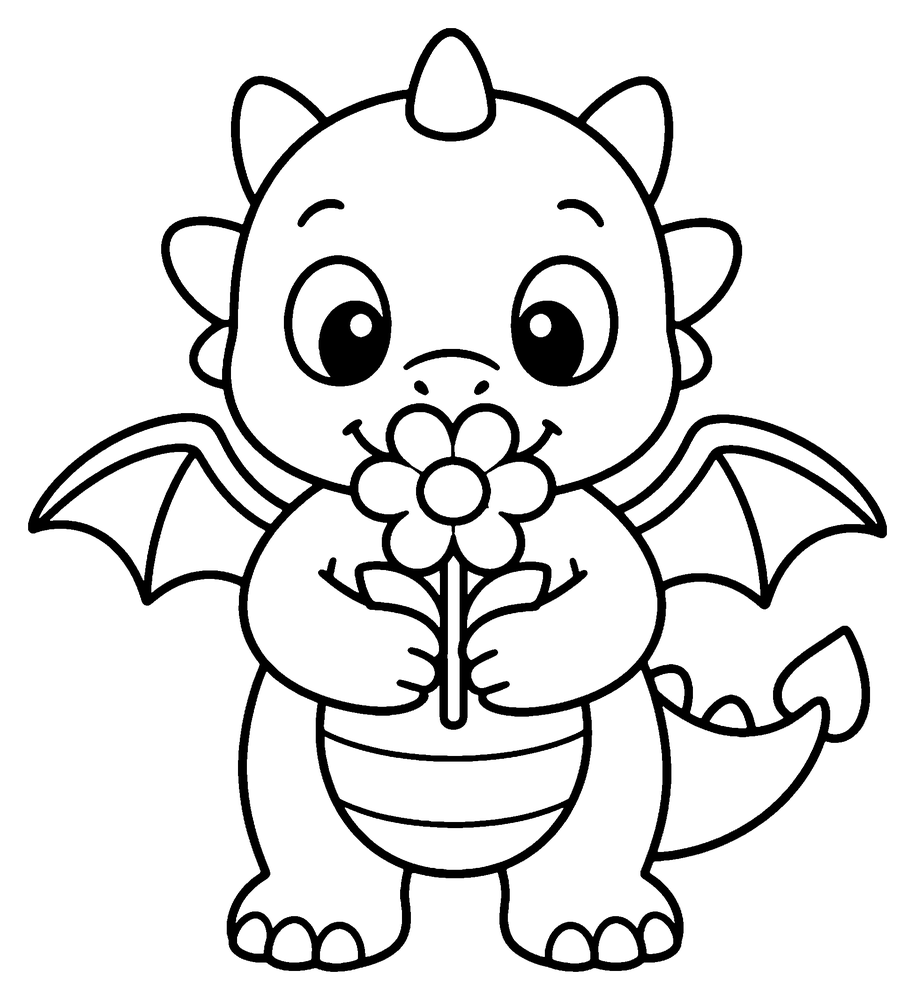 Dragon coloring page: a cute baby dragon smelling a flower.