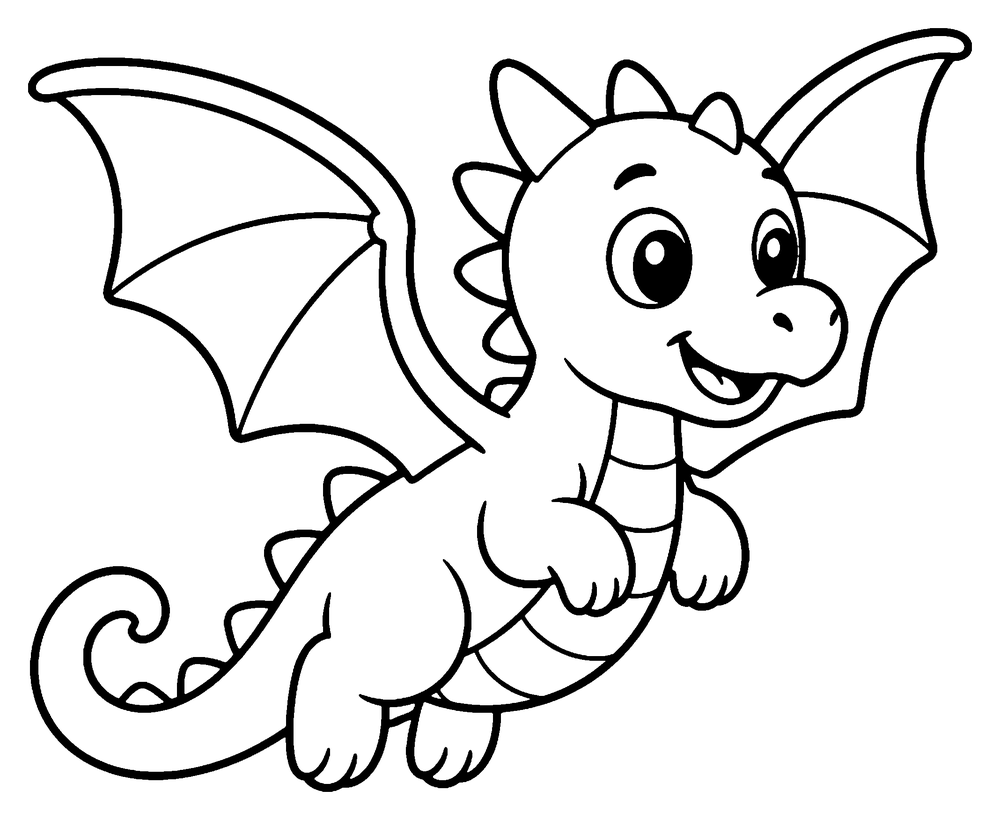 Dragon coloring page: a cute baby dragon flying with open wings, seen from the side.
