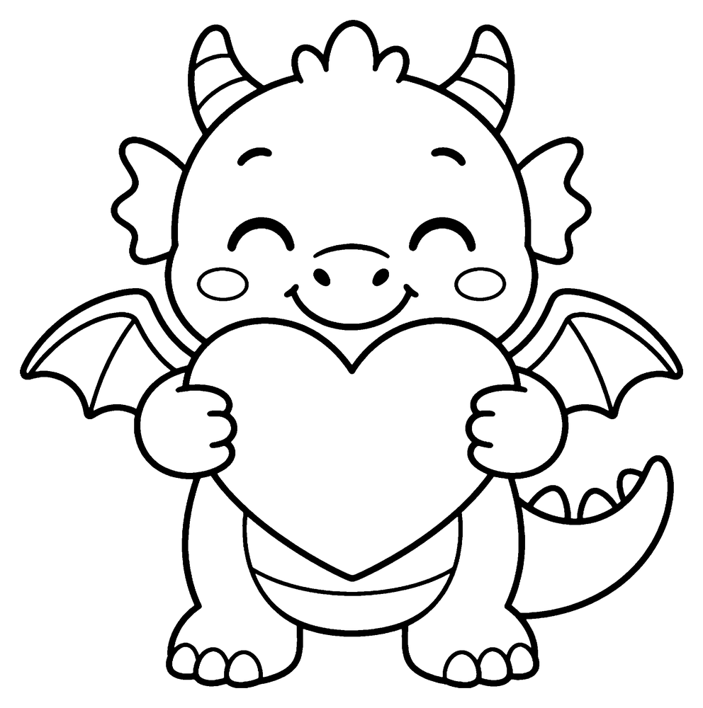 Dragon coloring page: a cute baby dragon with closed happy eyes hugging a big heart.