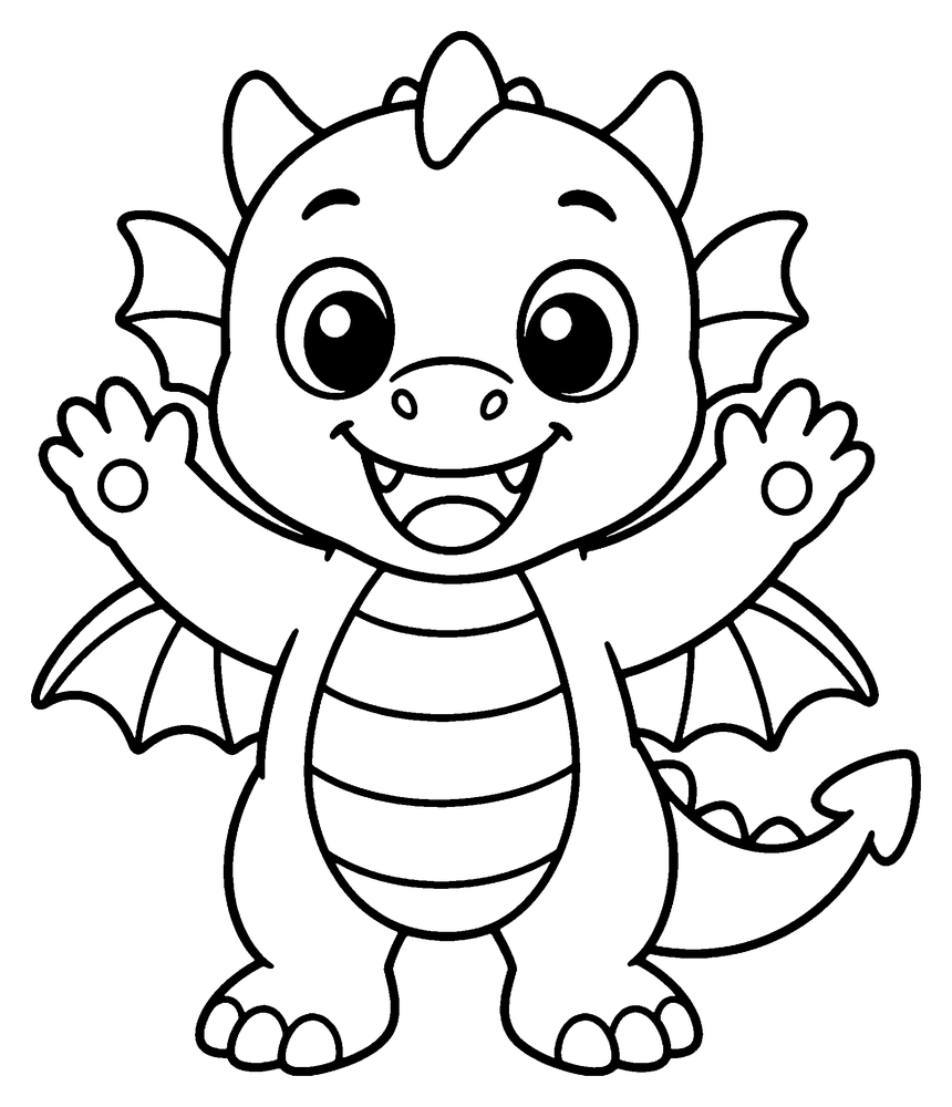 Dragon coloring page: a cute baby dragon standing with both hands up and a big open smile.
