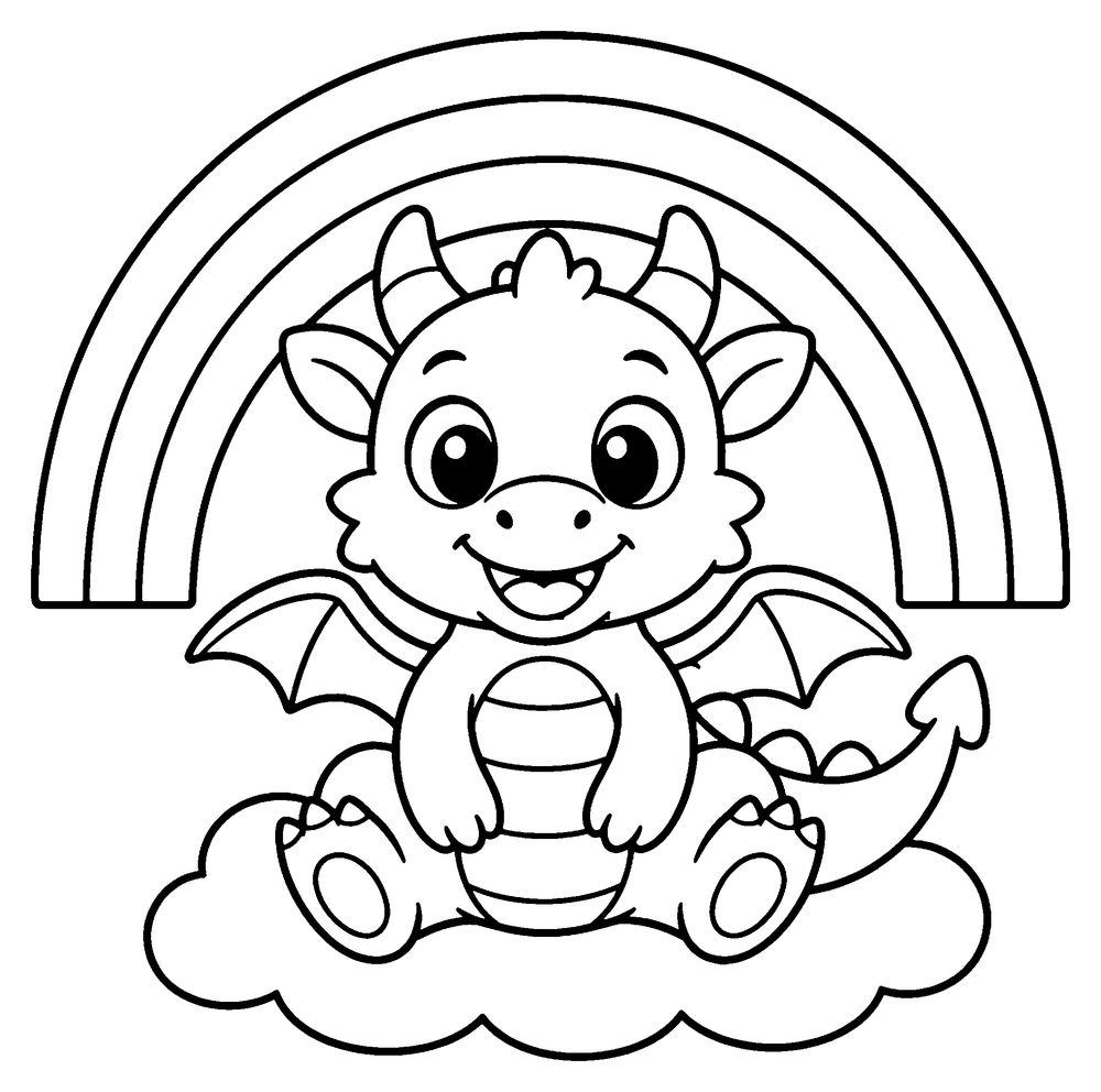 Dragon coloring page: a cute baby dragon sitting on a small cloud under a rainbow.