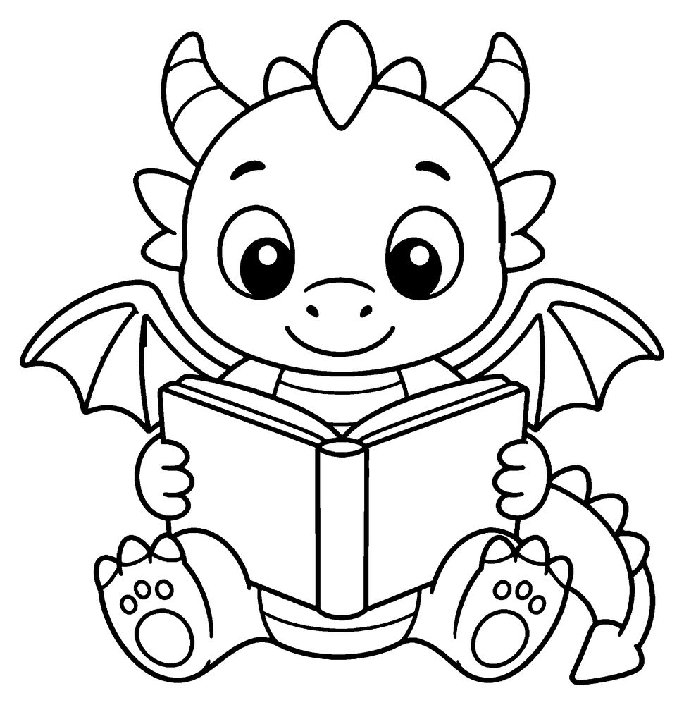 Dragon coloring page: a cute baby dragon sitting and reading a big open book.