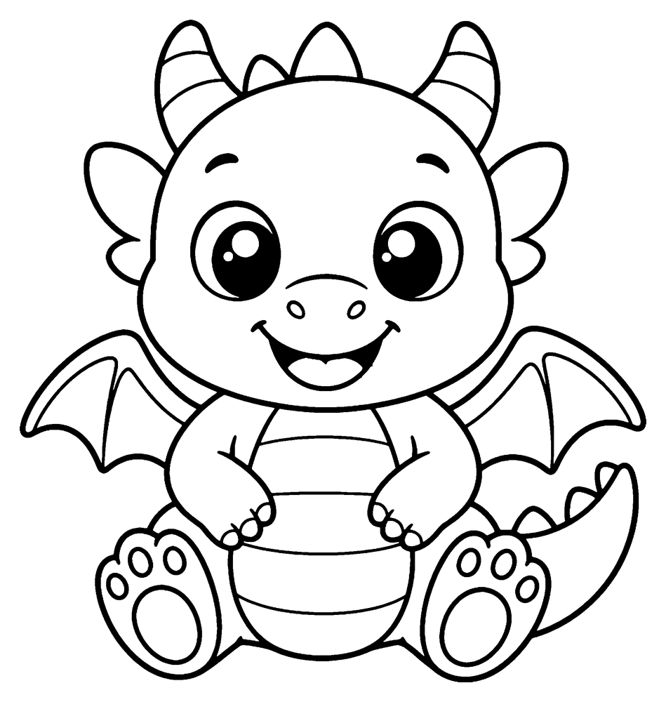 Dragon coloring page: a cute baby dragon sitting and smiling, with big round eyes, tiny horns and a round belly.