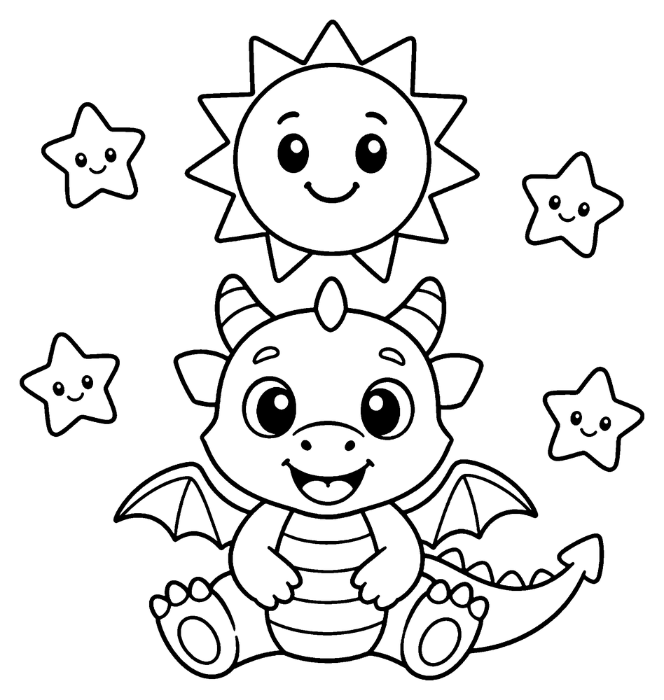 Dragon coloring page: a cute baby dragon sitting under a smiling sun with little stars around it.