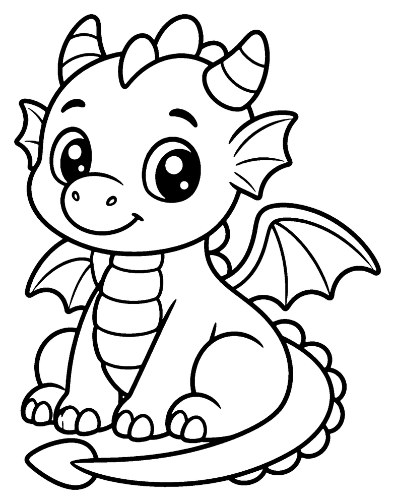 Dragon coloring page: a cute baby dragon sitting with its tail curled around its feet.