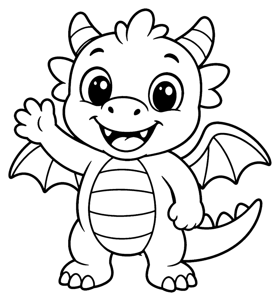 Dragon coloring page: a cute baby dragon standing and waving hello with one hand.