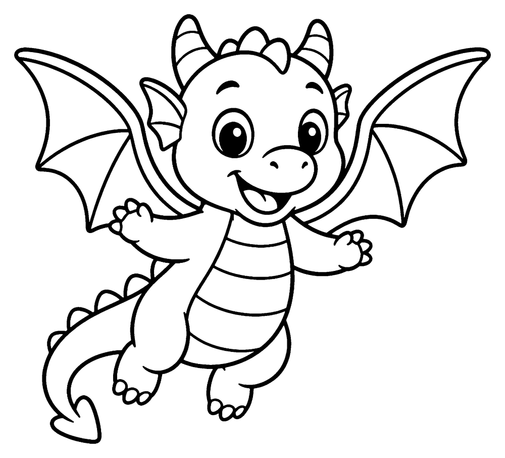 Dragon coloring page: a cute baby dragon flying with its wings wide open.