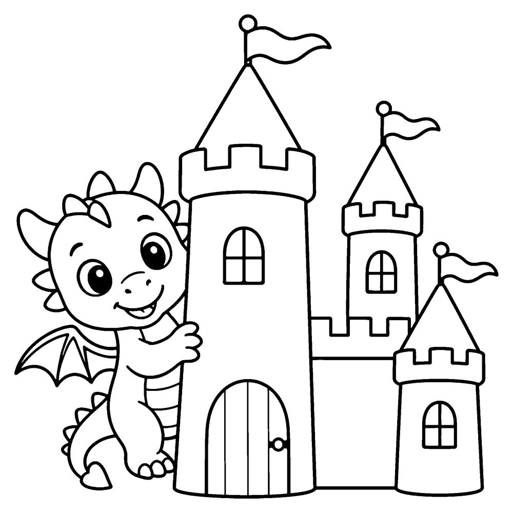 Dragon coloring page: a cute baby dragon peeking at a castle with a tall tower, a door and flags.