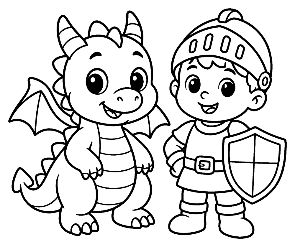 Dragon coloring page: a cute baby dragon standing next to a little child knight with a helmet and shield.
