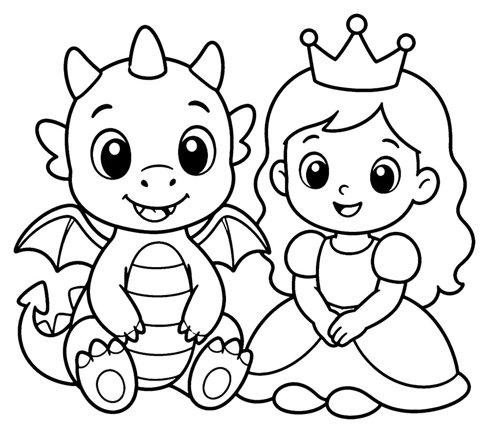 Dragon coloring page: a cute baby dragon sitting next to a little princess with a crown.