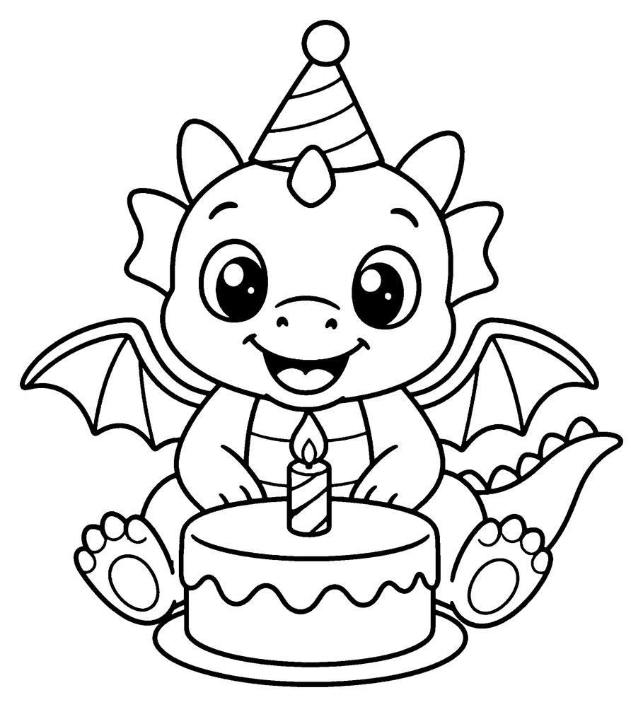Dragon coloring page: a baby dragon in a party hat behind a birthday cake with one big candle.