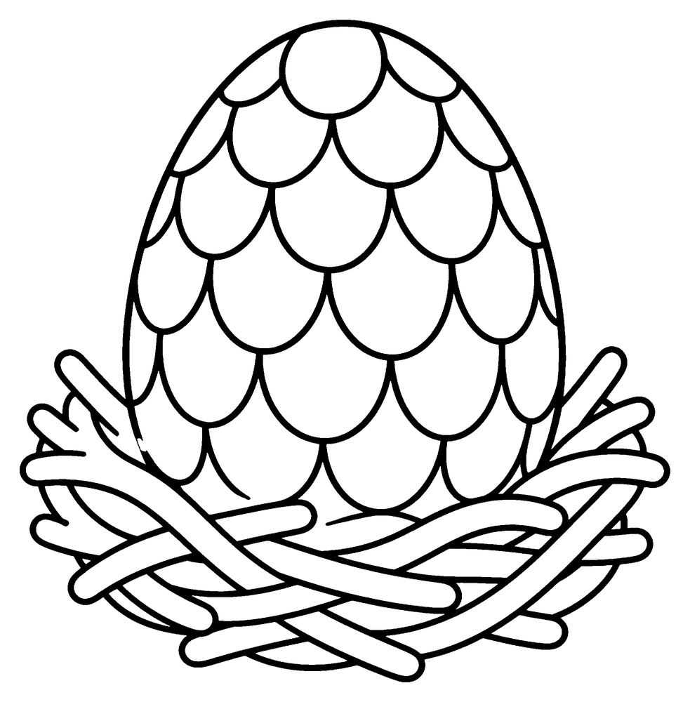 Dragon coloring page: one big dragon egg covered in scale shapes, resting in a nest.