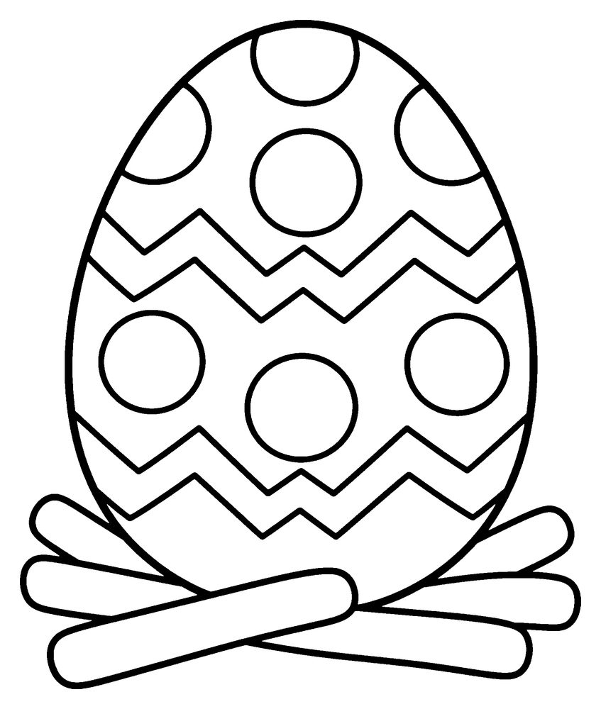 Dragon coloring page: one big dragon egg with spots and zigzag stripes in a nest.